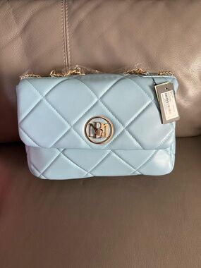 Badgley Mischka Quilted Light Blue Crossbody Shoulder Bag with Gold Hardware